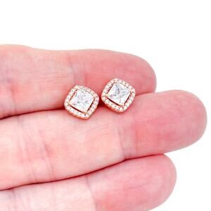 Estate Sterling Silver 925 Rose Gold Tone Cubic Zirconia Halo Stud Earrings